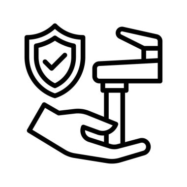 Koruma rozeti ve kalkan vektöründe çizgisel tarzda kene izi olan el veya hijyenle ilgili el yıkama