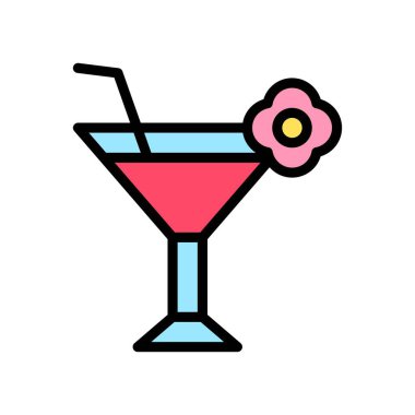 Yaz plajı ya da tatille ilgili meyve suyu bardağı ile çiçek ve düzenlenebilir felçli boru vektörü