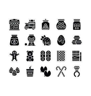 tatlı ve şeker, ilgili halka poplar, şekerciler, zencefilli ekmekler, şeker kamışları, reçel kavanozları, jöle ayıları, bisküvi, Paskalya yumurtası, şeker kamyonetleri, çubuk bisküvi ve otomat vektörleri, katı tasarım vektörleri