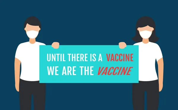 流行性コロナウイルスCovid 19男の子と女の子公衆のためのメッセージバナーを保持するワクチンがあるまで我々は平らなスタイルで顔マスクベクトルイラストを持つワクチンです — ストックベクタ