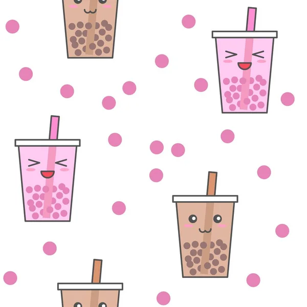 Bubble Tea Pearl Milk Tea Dessin Animé Sans Couture Illustration — Image vectorielle