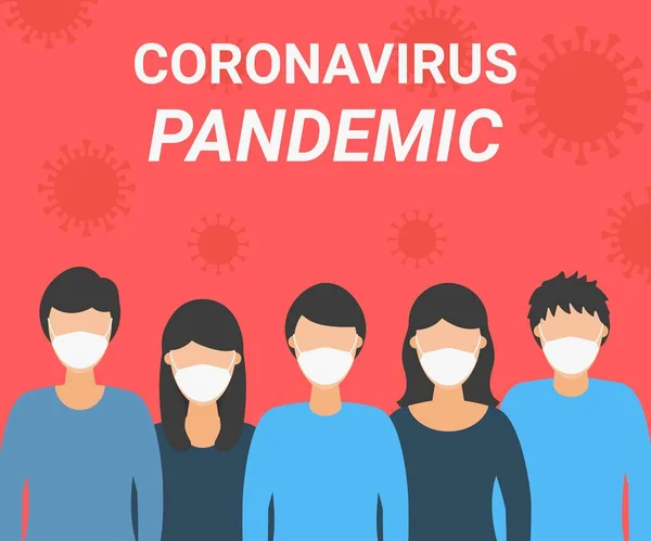 パンデミックCovid 19男性と女性のキャラクターは コロナウイルスから保護するためのフェイスマスクを着用し フラットスタイルでぼやけたウイルスの背景ベクトルイラストと混雑した場所を避ける — ストックベクタ