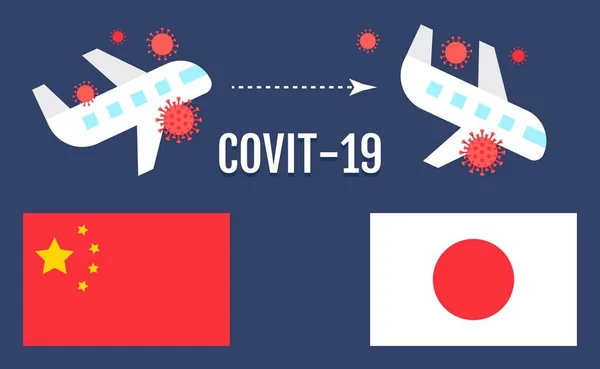武漢コロナウイルスCovit 19関連 中国と日本の旗 飛行機と危険なコロナウイルス菌は マレーシア 私たちのような他の国に中国を流行フラットスタイルでベクトルイラスト — ストックベクタ