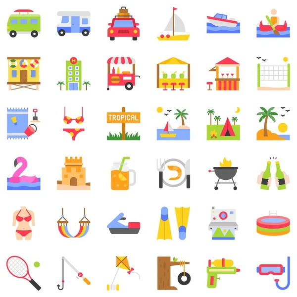 Vacaciones Verano Conjunto Vectores Relacionados Icono Estilo Plano — Vector de stock