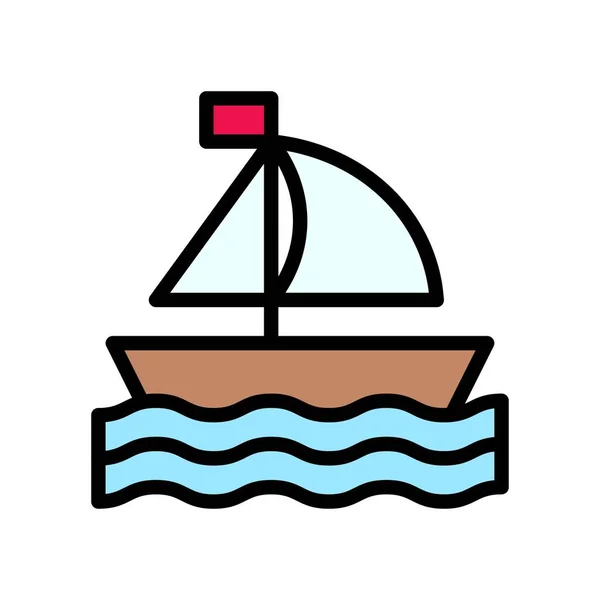 夏威夷图标相关的船或带有布面 旗帜和水波矢量的船 可编辑冲程 — 图库矢量图片