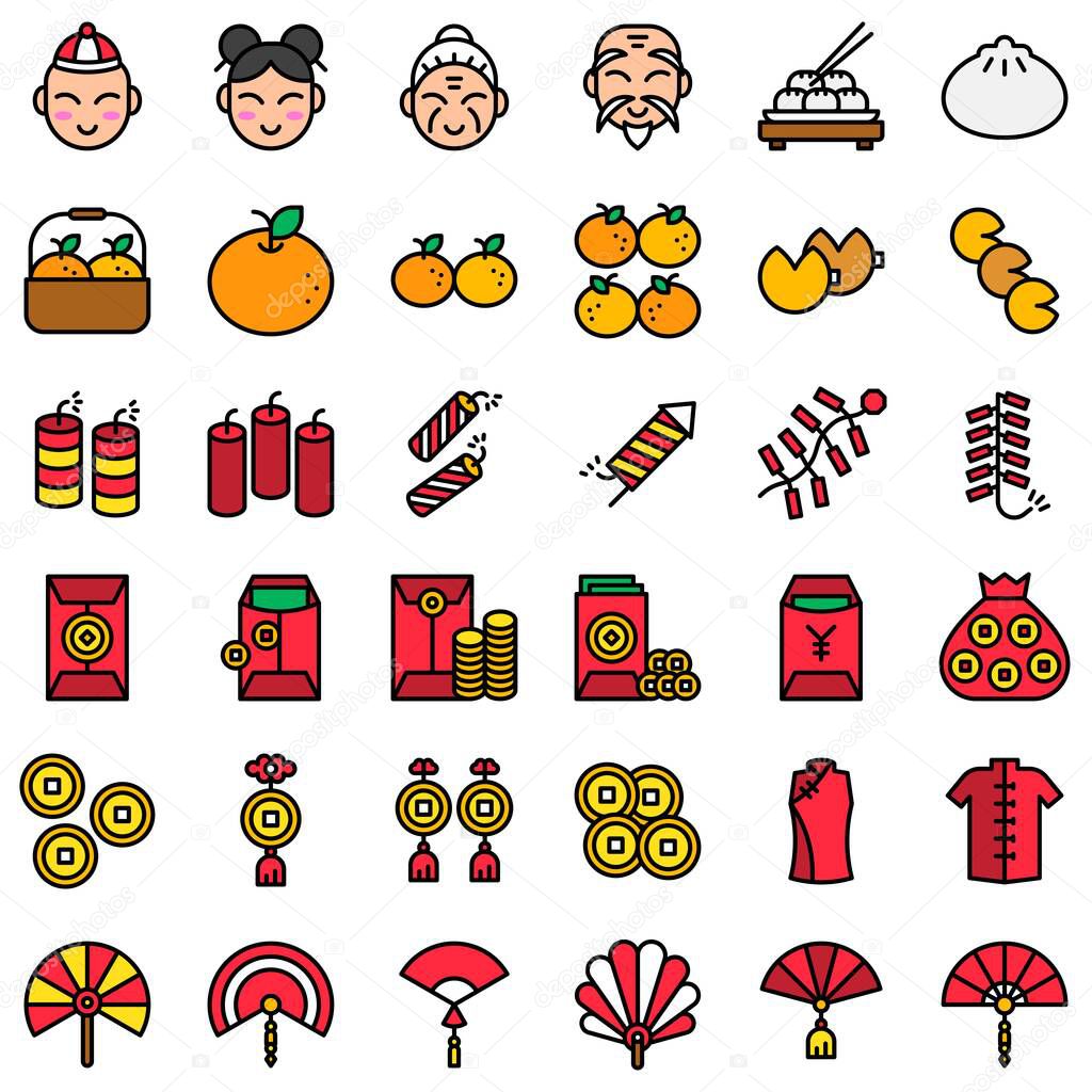 Chinese lunar new year vector icon set, filled design editable outline