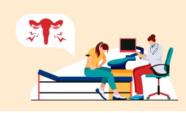 Bir jinekologla istişare eden kadın uterusta acı çekiyor. Endometriyozis, uzuvların iltihaplanması, cinsel yolla bulaşan hastalıklar vektör konsepti dizaynı.