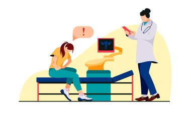 Bir jinekologla istişare eden kadın uterusta acı çekiyor. Endometriyozis, uzuvların iltihaplanması, cinsel yolla bulaşan hastalıklar vektör konsepti dizaynı.