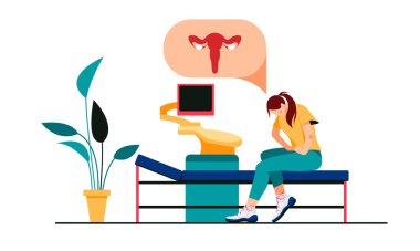 Bir jinekologla istişare eden kadın uterusta acı çekiyor. Endometriyozis, uzuvların iltihaplanması, cinsel yolla bulaşan hastalıklar vektör konsepti dizaynı.