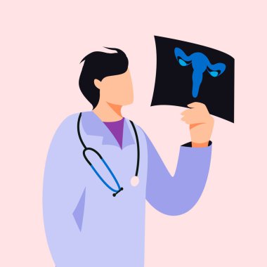 The doctor is looking at ultrasound picture of the uterus flat cartoon vector illustraton. Gynecology concept, women's health. clipart