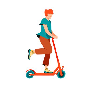Milenyum çocuğu elektrikli scooter çizimi yapıyor. Çevre dostu düz şehir aracı. Paylaşım servisi. Beyaz arkaplanda E-scooter izole edildi.