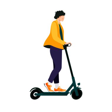 Milenyum çocuğu elektrikli scooter çizimi yapıyor. Çevre dostu düz şehir aracı. Paylaşım servisi. Beyaz arkaplanda E-scooter izole edildi.