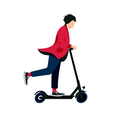 Milenyum çocuğu elektrikli scooter çizimi yapıyor. Çevre dostu düz şehir aracı. Paylaşım servisi. Beyaz arkaplanda E-scooter izole edildi.