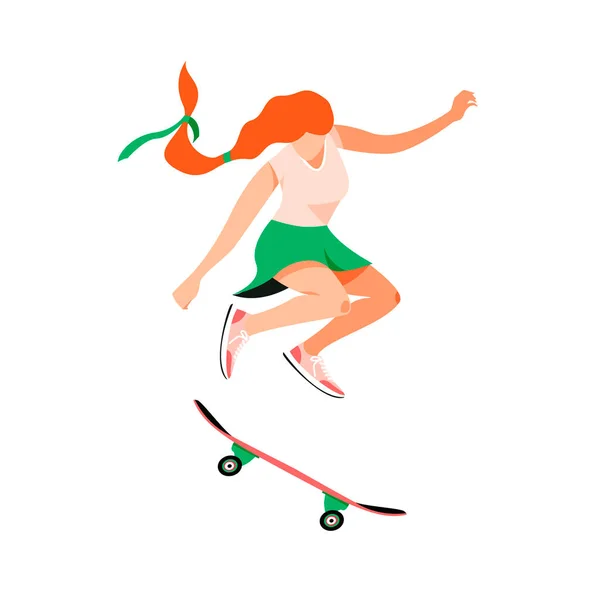 Isolado Mulher Branca Pulando Com Uma Ilustração Vetorial Skate Menina — Vetor de Stock