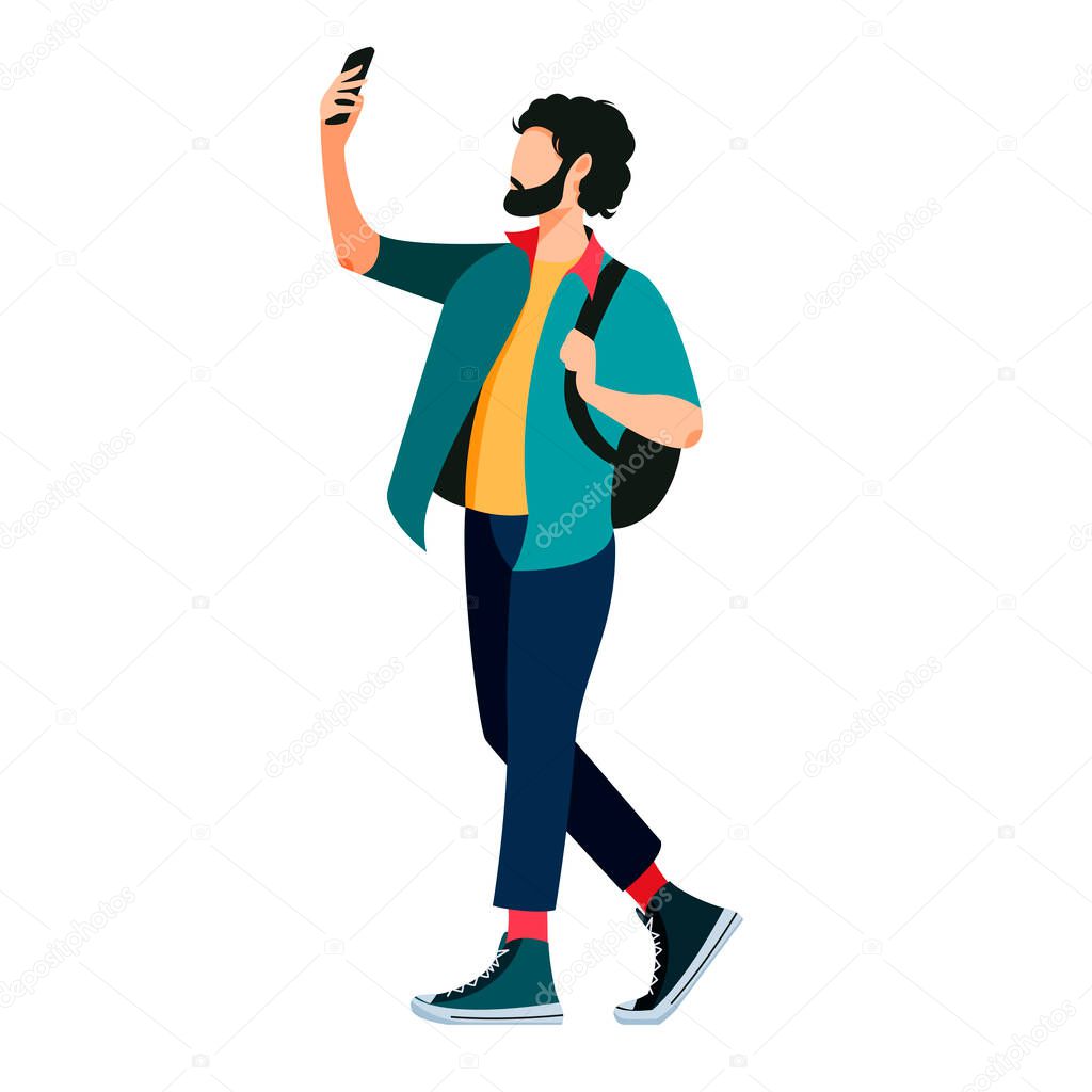 Isolated on white man taking selfies vector illustration. Smartphone user making photo design element in flat cartoon style.