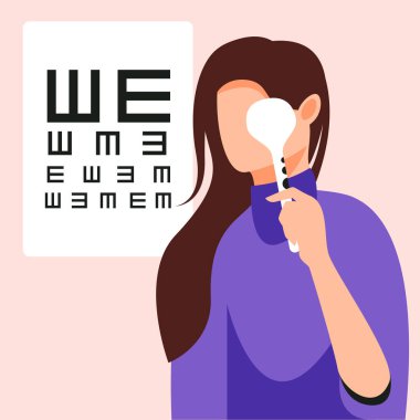 Beyaz gözle izole edilmiş vektör illüstrasyonunu kontrol et. Oftalmolog tasarım elementi. Çizgi film tarzında görme testi.