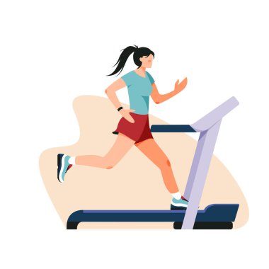 Koşu bandı vektör illüstrasyonunda koşan beyaz bir kadın. Spor salonu tasarım elementinde fitness. Çizgi film tarzında dayanıklılık antrenörü.