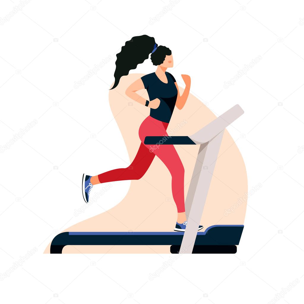 Isolated on white woman running on a treadmill vector illustration. Fitness in the gym design element. Endurance trainer  in flat cartoon style.