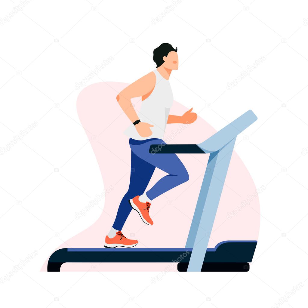 Isolated on white man running on a treadmill vector illustration. Fitness in the gym design element. Endurance trainer  in flat cartoon style.