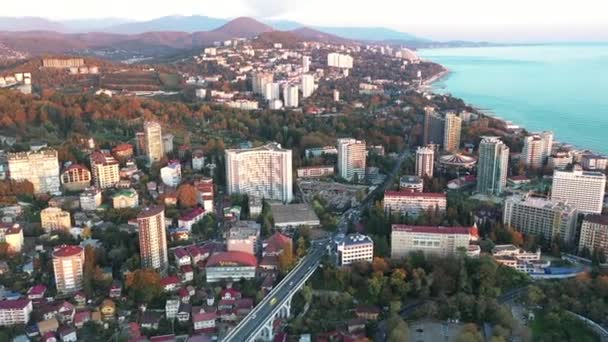 Panorama of the evening city of Sochi. Aerial survey. — Stock Video