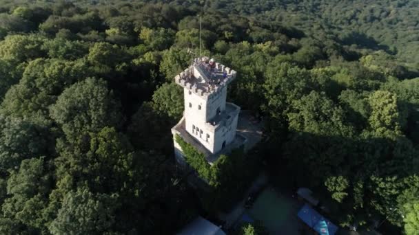 Quadrocopter Vliegen Naar Toren Van Akhun Groene Bossen Blauwe Hemel — Stockvideo