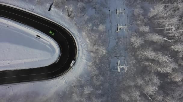 Извилистая Дорога Зимнем Лесу Белый Снег Деревьях Воздушная Фотография Вертолетом — стоковое видео