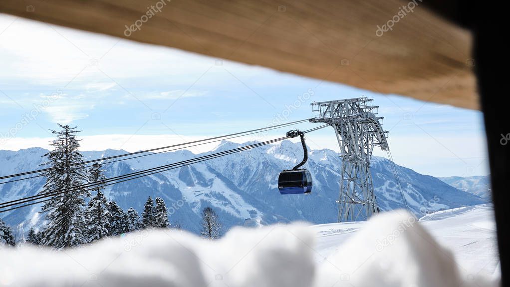 Gondola type 3S - the world's longest cable car trunk with ring movement. Mining and tourism center Gazprom ski resort stock footage video