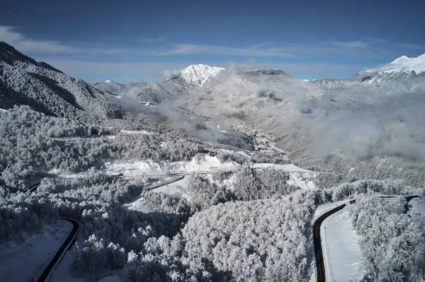 雪の美しい冬の風景には 木が覆われています ローザ クトールからコーカサス山ビュー — ストック写真