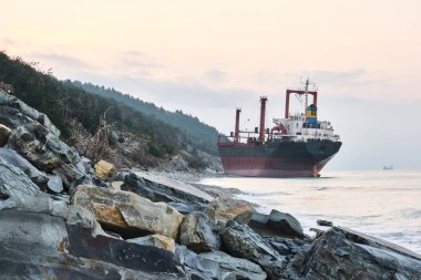 Gelendzhik, Rusya Federasyonu - Jan 19, 2019: Karadeniz fırtınada sonra Rio adlı gemi, karaya oturdu koştu. Novorossiysk liman yükleme için gemi gitti