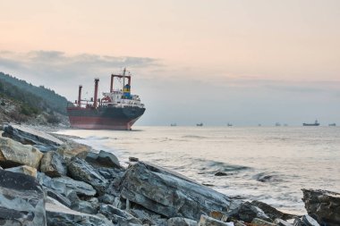 Gelendzhik, Rusya Federasyonu - Jan 19, 2019: Karadeniz fırtınada sonra Rio adlı gemi, karaya oturdu koştu. Novorossiysk liman yükleme için gemi gitti