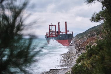 Gelendzhik, Rusya Federasyonu - Jan 19, 2019: Karadeniz fırtınada sonra Rio adlı gemi, karaya oturdu koştu. Novorossiysk liman yükleme için gemi gitti