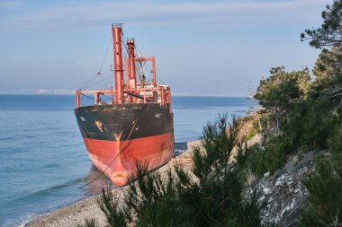 Gelendzhik, Rusya Federasyonu - Jan 19, 2019: Karadeniz fırtınada sonra Rio adlı gemi, karaya oturdu koştu. Novorossiysk liman yükleme için gemi gitti