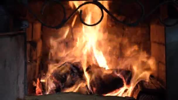 Slow Motion Fireplace Burning Warm Cozy Burning Fire Brick Fireplace — Stock Video