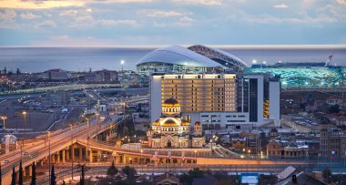 Rusya, Sochi - 03 Eylül 2017: Olimpiyat Panoraması Park Soçi 2014 mahkemelerinin Olimpiyatları, 2018 Dünya Kupası, Formula 1 yarış - Sochi Autodrome