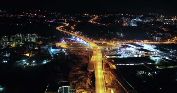 Aerial View Traffic Freeway Interchange Downtown Sochi Russia Skyline Night — Stock Video