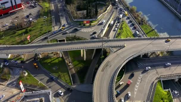 Aerial Drone Roundabout Five Roads Sochi Movement Cars Highway City — Stock Video