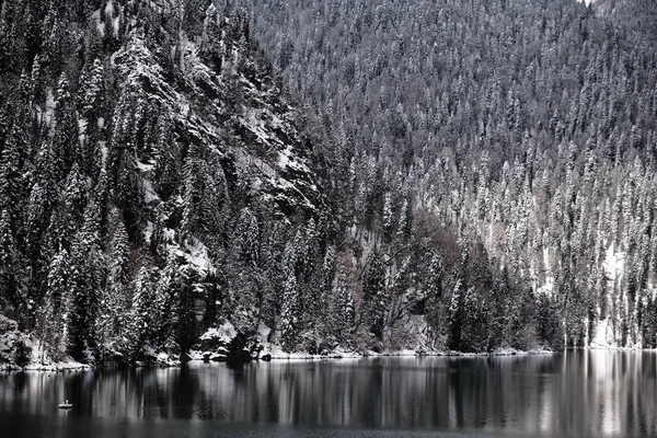 Schönen Bergsee ritsa. ritsa-See im Kaukasus-Gebirge, im Nordwesten von Abchasien, Georgien, umgeben von Bergmischwäldern und subalpinen Wiesen. Schnee in den Bergen — Stockfoto