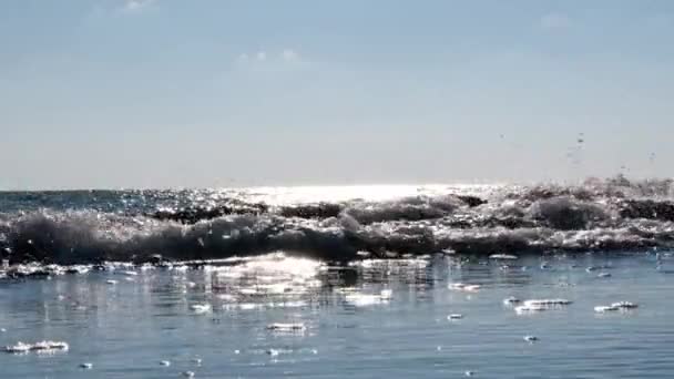 海の波のスローモーション撮影モーション 岩に衝突する波 スプレーは異なる方向に飛んでいます 水のゆっくりとした動き — ストック動画