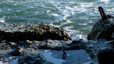 Deniz dalgalarının yavaş çekim hareketi. Deniz dalgasının yakın çekim çekimi. Sprey farklı yönlere uçuyor. Deniz sörfü.