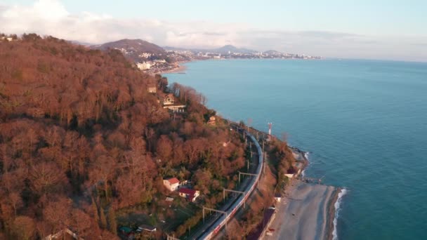 Filmagem Vídeo Aéreo Longo Costa Mar Negro Sochi Trem Passageiros — Vídeo de Stock