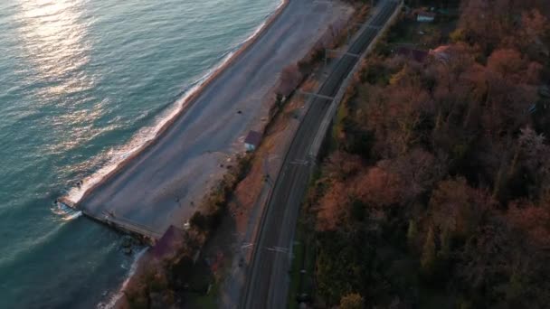Flygfotografering Panorama Fågelperspektiv Över Svarta Havets Kust Längs Kusten Järnväg — Stockvideo