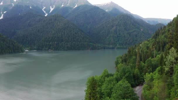 Εναέρια Γυρίσματα Βίντεο Λίμνη Ριτσά Αμπχαζία Ψηλότερο Βουνό Καθαρό Νερό — Αρχείο Βίντεο