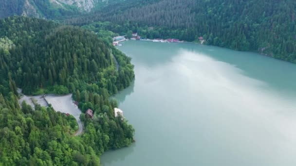 航空写真撮影 山の湖リサ沿いの道 森の中の高い緑の木 人はいないカメラを前方に動かす 上からの眺め きれいな水予約 ランドマーク — ストック動画