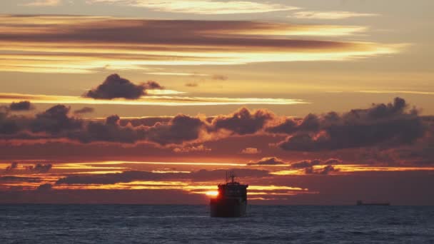 Transportschiff Auf See Schöner Oranger Sonnenuntergang Abends Schiffsverkehr Containerschiff — Stockvideo