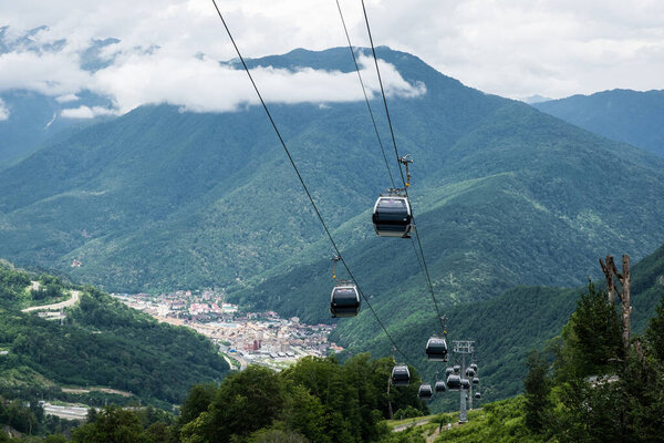 Sochi, Russia - 05.06.2020 cable car in the mountains. Rosa Khutor. Krasnaya Polyana. Cloudy weather. 