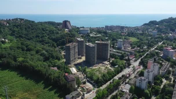 Panoramautsikt Över Staden Från Fågelperspektiv Stadens Bostadsområde Sotji Dagomys Klarblå — Stockvideo