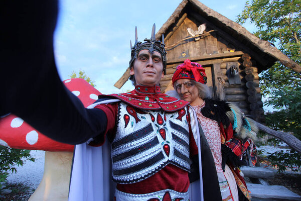 Sochi, Russia - JUNE 06, 2020: Animators at the amusement park. Actor. Baba yaga and Koshchei the deathless. Mimes. Makeup. Sochi Park. 