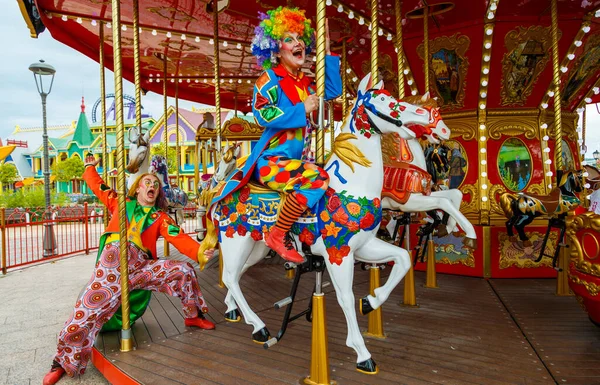 Sochi Russia June 2020 Two Clowns Pose Carousel Man Woman — Stock Photo, Image