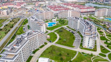 Sochi Park Oteli. - Şehrin yerleşim bölgesi. Sirius. Hava fotoğrafı. Rusya 'nın güneyi. Karadeniz kıyısı. Yukarıdan görüntüle. 