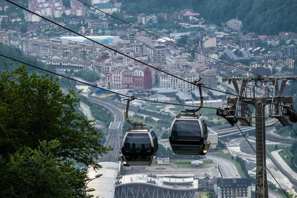 Aerial Panoramic View Rosa Khutor Cable Car Mountain Sunny Day — Stock Photo, Image